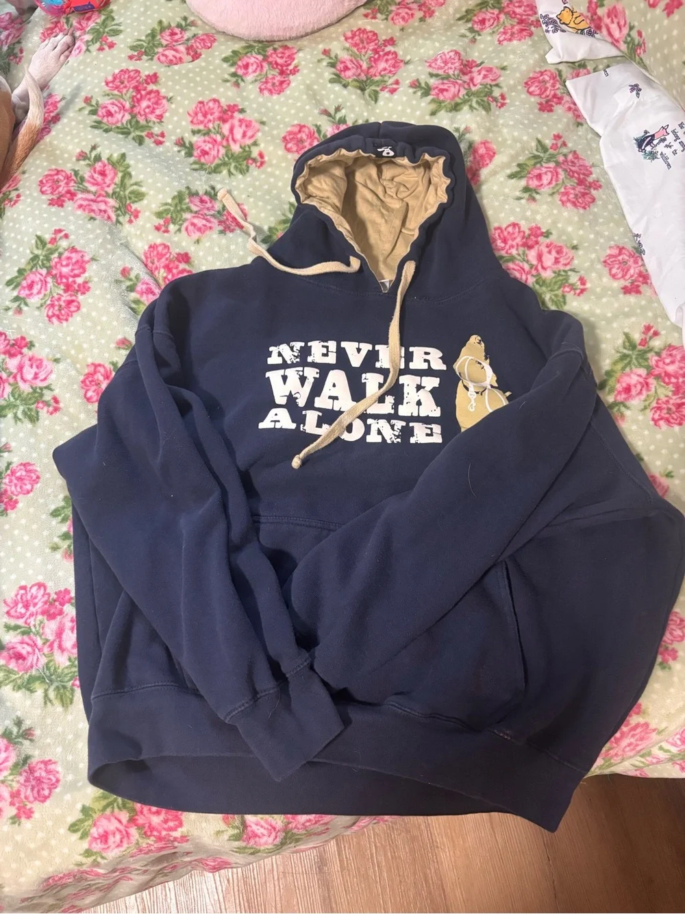 Never Walk Alone Navy Hooded Sweatshirt with Tan Lining